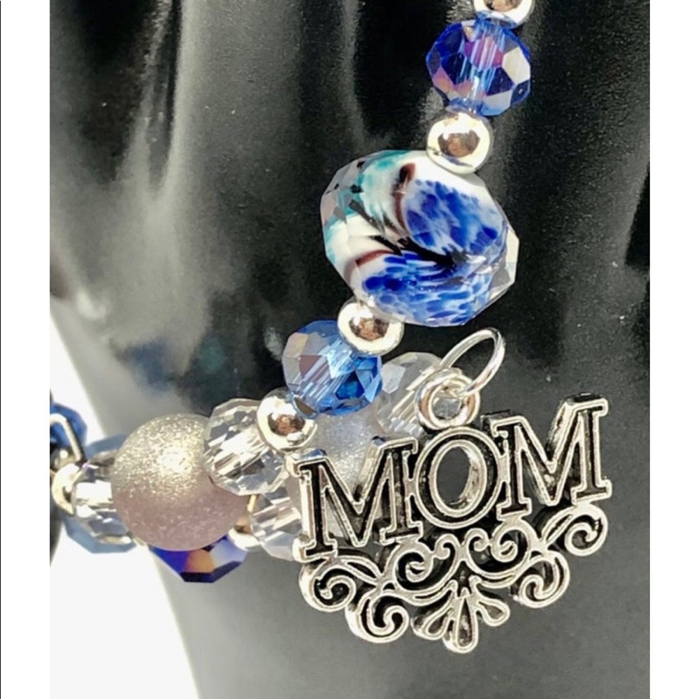 MOM bracelet-blue and silver with mermaid glass-mom charm/ yard knitting charm
